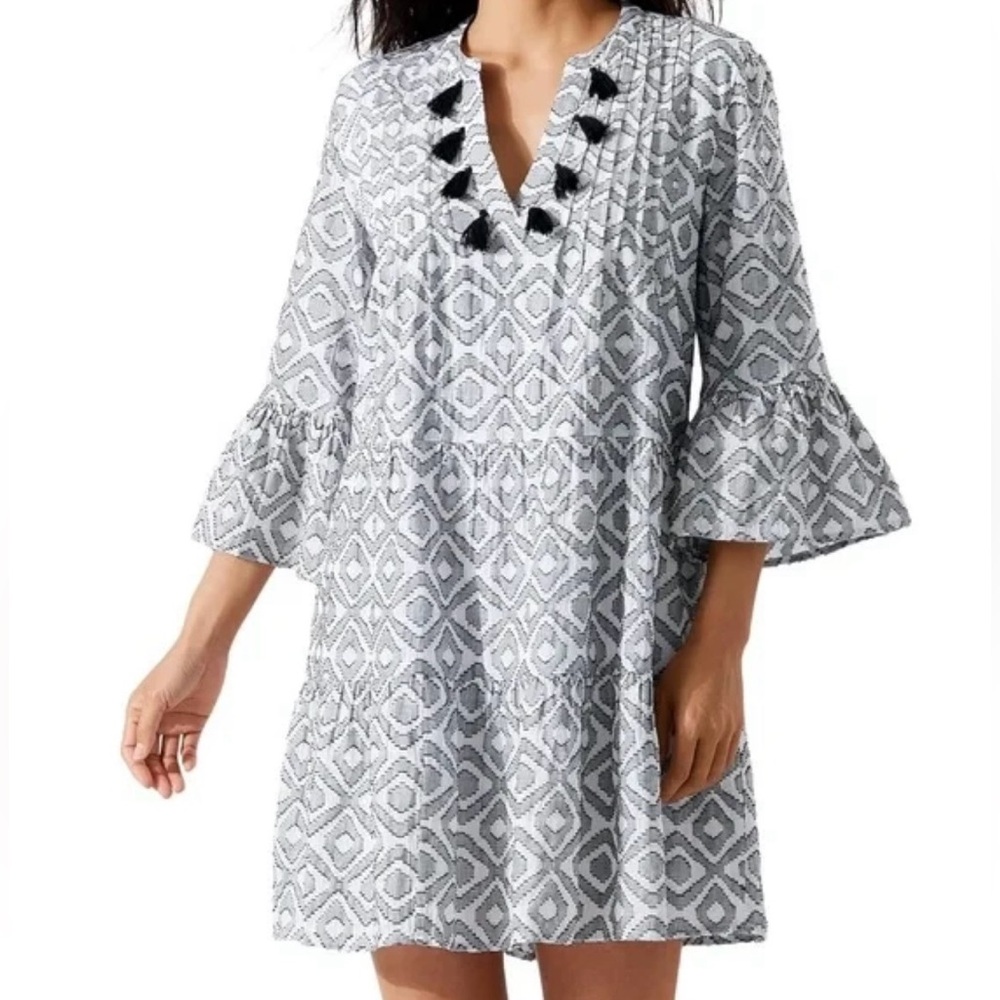 Tommy Bahama White and Gray Printed Mini Dress with Black Tassel Detail